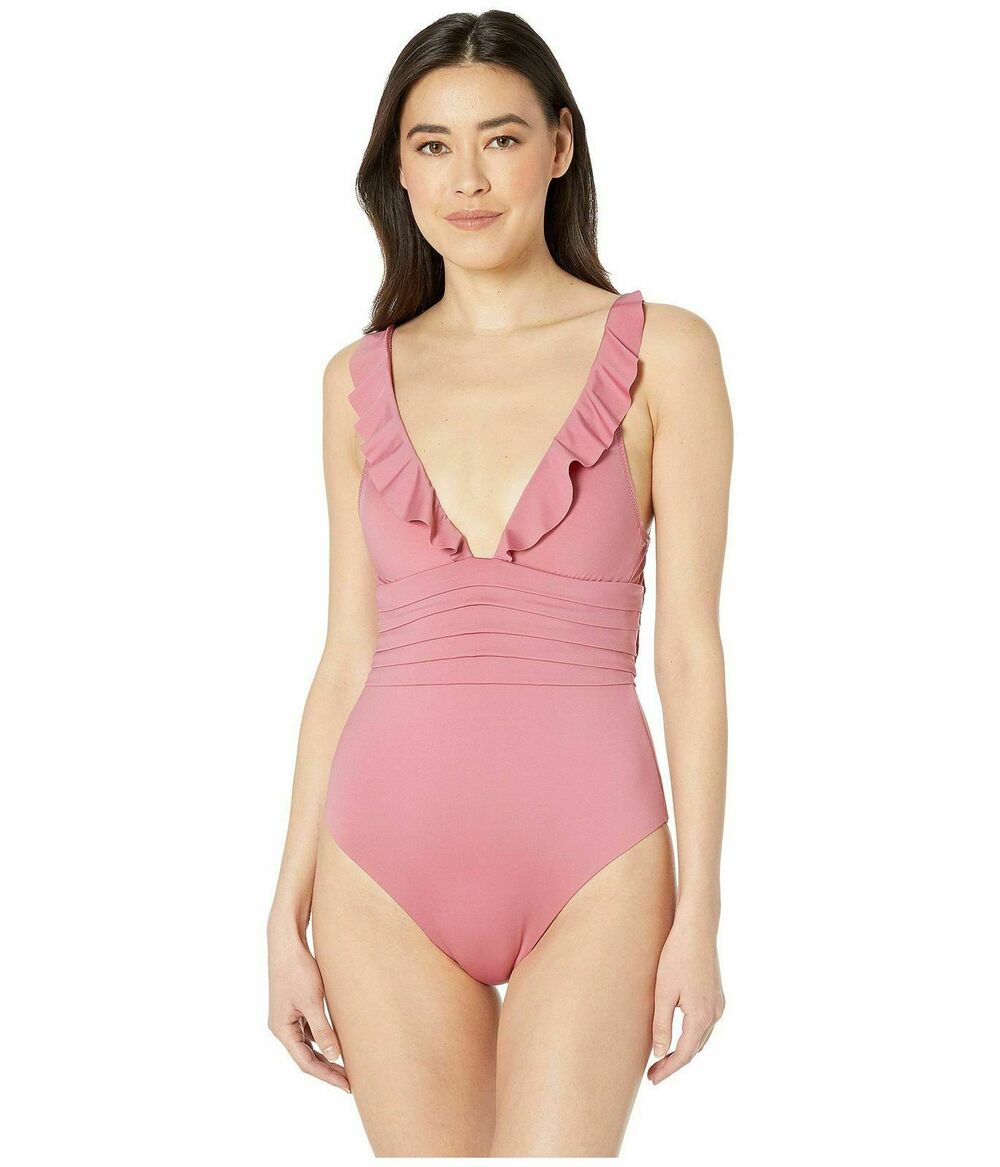 Soluna Womens Blush Pink Pleated Ruffle One-Piece Swimsuit Size L New